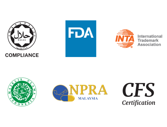 Regulatory compliance certifications including Halal, GMP, HSA and ISO